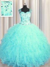 Custom Made See Through Zipper Up Aqua Blue Sleeveless Beading and Ruffles Floor Length Quinceanera Dresses