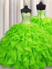 Custom Designed Visible Boning Beading and Ruffles Quinceanera Gown Lace Up Sleeveless Floor Length