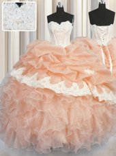 Comfortable Organza Sweetheart Sleeveless Lace Up Appliques and Ruffles and Pick Ups Ball Gown Prom Dress in Peach
