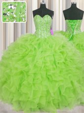 Visible Boning Ball Gowns Organza Sweetheart Sleeveless Beading and Ruffles Floor Length Lace Up Quinceanera Gown