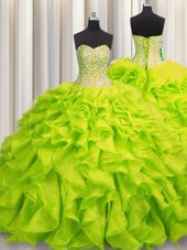 Glorious Visible Boning Sweetheart Sleeveless Lace Up Sweet 16 Dress Yellow Green Organza