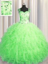 High Class See Through Zipper Up Straps Sleeveless Tulle Sweet 16 Dresses Beading and Ruffles Zipper
