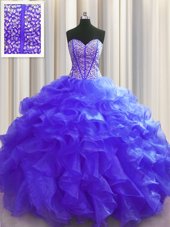 Flirting Visible Boning Floor Length Lace Up Quinceanera Gowns Purple and In for Military Ball and Sweet 16 and Quinceanera with Beading and Ruffles