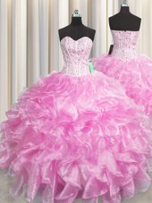 Admirable Visible Boning Zipper Up Rose Pink Sweetheart Neckline Beading and Ruffles Quince Ball Gowns Sleeveless Zipper