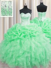 Pick Ups Visible Boning Ball Gowns Quinceanera Dress Apple Green Sweetheart Organza Sleeveless Floor Length Lace Up