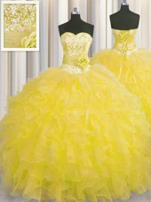 Cheap Handcrafted Flower Sweetheart Sleeveless Lace Up Quinceanera Gown Gold Organza