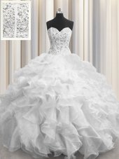 Comfortable Visible Boning White Organza Lace Up Sweetheart Sleeveless Floor Length Quinceanera Dress Beading and Ruffles