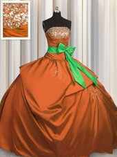 Discount Bowknot Rust Red Sleeveless Taffeta Lace Up Ball Gown Prom Dress for Military Ball and Sweet 16 and Quinceanera