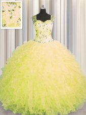 See Through Zipper Up Sleeveless Tulle Floor Length Zipper Quinceanera Gowns in Yellow for with Beading and Ruffles