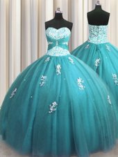 Top Selling Teal Halter Top Lace Up Beading and Appliques Quinceanera Dress Sleeveless