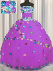 Fitting Purple Ball Gowns Hand Made Flower 15th Birthday Dress Lace Up Tulle Sleeveless Floor Length
