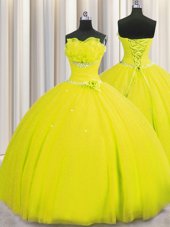 Great Handcrafted Flower Yellow Sleeveless Floor Length Beading and Sequins and Hand Made Flower Lace Up Quinceanera Gown