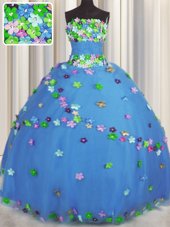 Cute Sleeveless Floor Length Hand Made Flower Lace Up Sweet 16 Dress with Blue