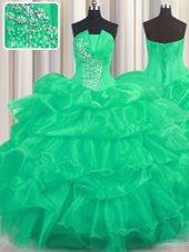 Low Price Pick Ups Ruffled Ball Gowns Quinceanera Dress Turquoise Strapless Organza Sleeveless Floor Length Lace Up