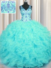 Ideal V Neck Beading and Appliques and Ruffles Sweet 16 Dresses Aqua Blue Zipper Sleeveless Floor Length