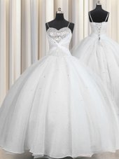 White Vestidos de Quinceanera Military Ball and Sweet 16 and Quinceanera and For with Beading and Ruching Spaghetti Straps Sleeveless Lace Up