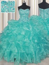 Sweetheart Sleeveless Organza Quince Ball Gowns Beading and Ruffles Lace Up