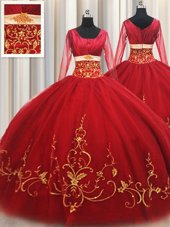 Free and Easy Red Zipper Square Beading and Embroidery Quinceanera Dresses Tulle Long Sleeves