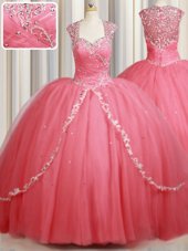 Straps Straps Watermelon Red Cap Sleeves Tulle Sweep Train Zipper Quinceanera Dress for Military Ball and Sweet 16 and Quinceanera