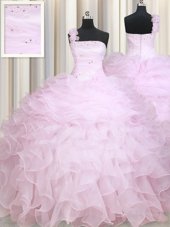 Admirable Baby Pink Ball Gowns One Shoulder Sleeveless Organza Floor Length Zipper Beading and Ruffles Sweet 16 Quinceanera Dress