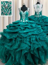 Pretty Straps Straps Teal Sleeveless Beading and Ruffles and Pick Ups Floor Length Sweet 16 Dress