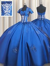 High End Blue Quinceanera Gowns Military Ball and Sweet 16 and Quinceanera and For with Beading and Appliques Sweetheart Short Sleeves Lace Up