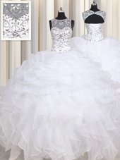 Modest Straps Straps Floor Length Lace Up Vestidos de Quinceanera White and In for Military Ball and Sweet 16 and Quinceanera with Beading and Ruffles