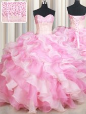 Sweetheart Sleeveless Lace Up Sweet 16 Quinceanera Dress Pink And White Organza