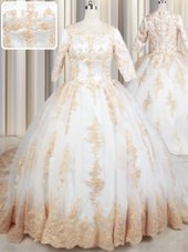 Eye-catching White Tulle Zipper Scoop Half Sleeves Quinceanera Gown Court Train Beading and Lace and Appliques