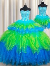 Custom Design Three Piece Multi-color Ball Gowns Beading and Ruffled Layers Quinceanera Gowns Lace Up Tulle Sleeveless Floor Length