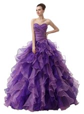 Purple Sleeveless Organza Lace Up Quinceanera Gowns for Military Ball and Sweet 16 and Quinceanera