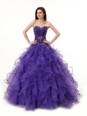 Purple Lace Up Sweet 16 Quinceanera Dress Beading and Ruffles Sleeveless Floor Length