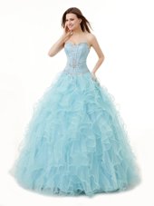 Light Blue Lace Up Sweetheart Beading and Ruffles Sweet 16 Dresses Organza Sleeveless