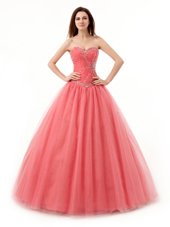 Trendy Watermelon Red Sleeveless Beading and Ruching Floor Length Quinceanera Gown