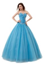 Attractive Baby Blue Lace Up Sweetheart Beading and Ruching Quince Ball Gowns Tulle Sleeveless
