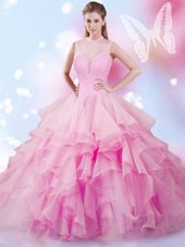 Perfect Rose Pink Tulle Lace Up High-neck Sleeveless Floor Length Sweet 16 Dress Beading and Ruffles