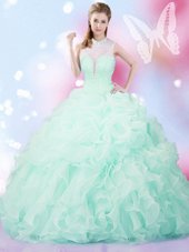 Customized Floor Length Apple Green 15 Quinceanera Dress Organza Sleeveless Beading and Ruffles and Pick Ups