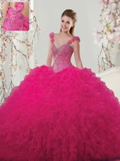 Straps Straps Beading and Ruffles and Hand Made Flower Sweet 16 Quinceanera Dress Hot Pink Lace Up Sleeveless Floor Length