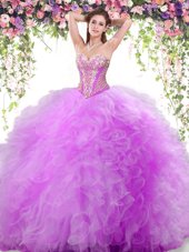 Attractive Lilac Quince Ball Gowns Military Ball and Sweet 16 and Quinceanera and For with Beading and Ruffles Sweetheart Sleeveless Lace Up