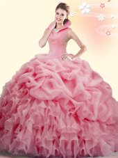 Beading and Ruffles and Pick Ups Quinceanera Dress Watermelon Red Backless Sleeveless Brush Train
