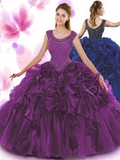Beauteous Scoop Sleeveless Sweet 16 Dress Floor Length Beading and Ruffles Dark Purple Organza