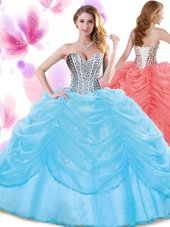 Edgy Baby Blue Ball Gowns Organza Sweetheart Sleeveless Beading and Pick Ups Floor Length Lace Up 15 Quinceanera Dress