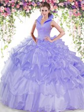 Modest Ruffled Floor Length Ball Gowns Sleeveless Lavender Quinceanera Dress Backless