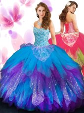 Beautiful Multi-color Sleeveless Floor Length Beading and Ruffled Layers Lace Up Quinceanera Dresses