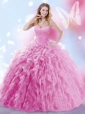 Lovely Tulle Sweetheart Sleeveless Brush Train Lace Up Beading and Ruffles Sweet 16 Dresses in Rose Pink