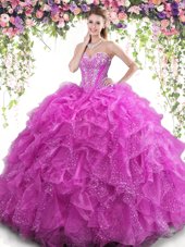 Luxurious Beading and Ruffles 15 Quinceanera Dress Fuchsia Lace Up Sleeveless Floor Length