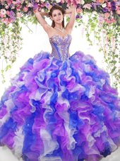 Multi-color Ball Gowns Beading and Ruffles Vestidos de Quinceanera Lace Up Organza Sleeveless Floor Length