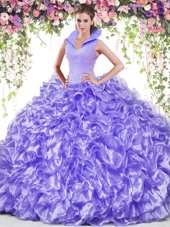 Elegant Lavender Organza Backless High-neck Sleeveless Floor Length Quinceanera Dress Beading and Ruffles