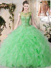 Cute Scoop Sleeveless Organza Floor Length Lace Up Quinceanera Gowns in Green for with Beading and Ruffles