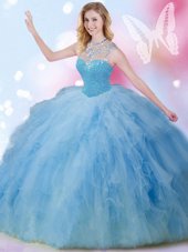 Exceptional Sequins Floor Length Blue Ball Gown Prom Dress High-neck Sleeveless Zipper